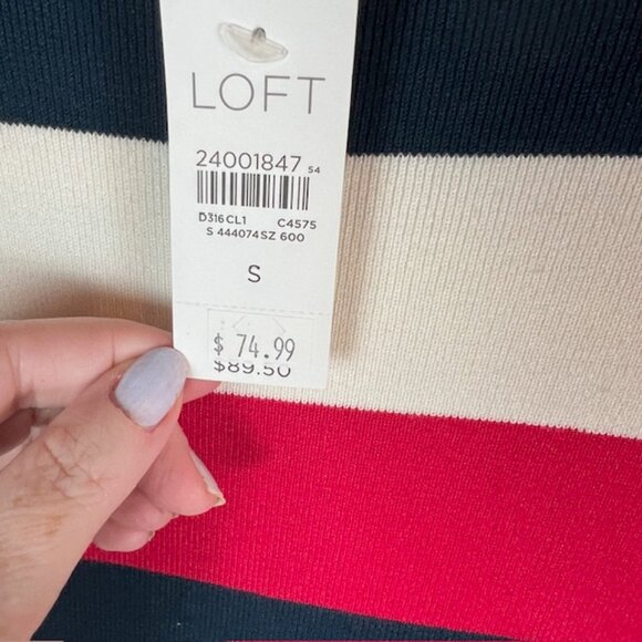 LOFT Striped Sweater Dress Small Navy Red White Bell Sleeve Knit Shift NWT - Picture 6 of 7
